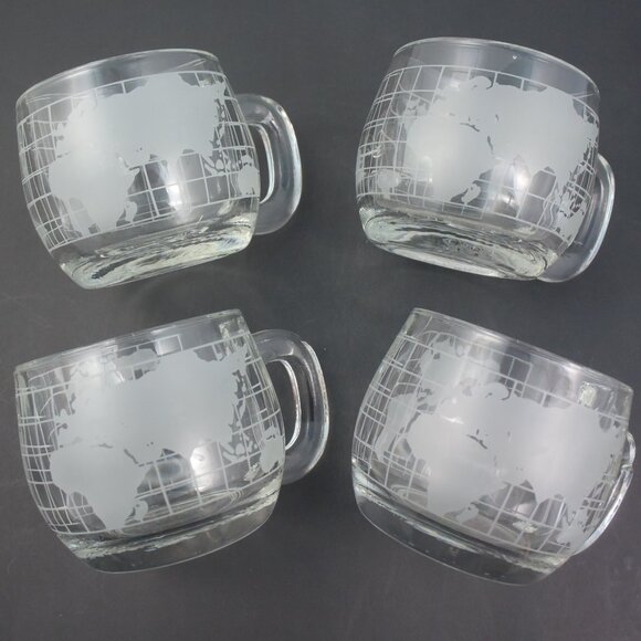 4 Vintage Nescafe Etched Clear Glass World Map Coffee Mugs - Picture 1 of 7